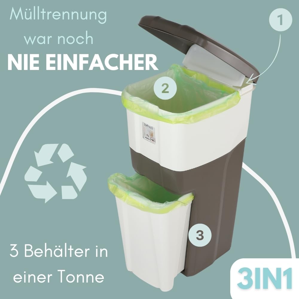 GarPet Mülleimer Küche 3 Fächer Gross Mülltrennsystem 70 Mülltrennung Mülltrenner Abfallsammler Müll
