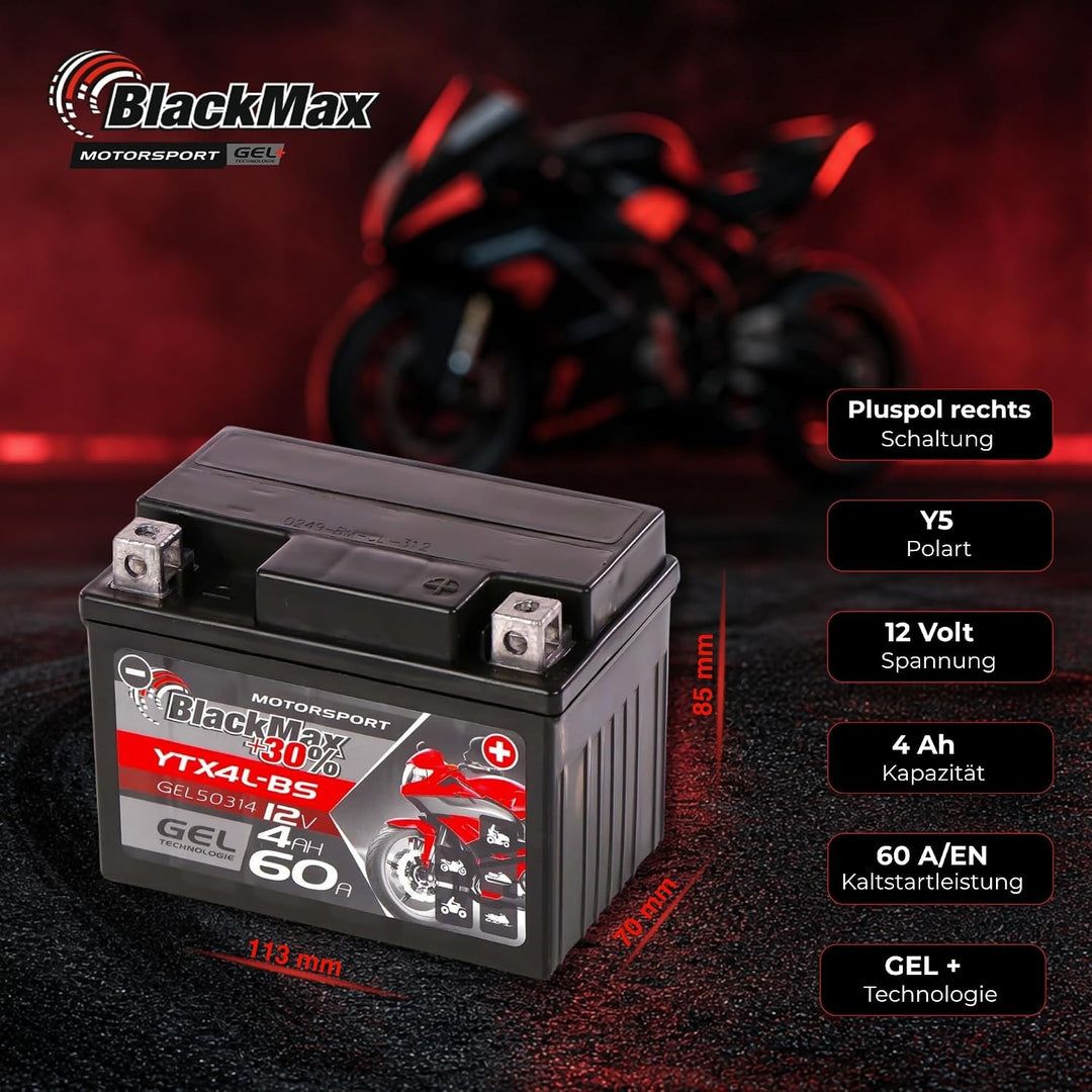 BlackMax CTX4L-BS Motorradbatterie YTX4L-BS GEL 12V 4Ah Roller Batterie 50314 4Ah - 65A, 4Ah - 65A
