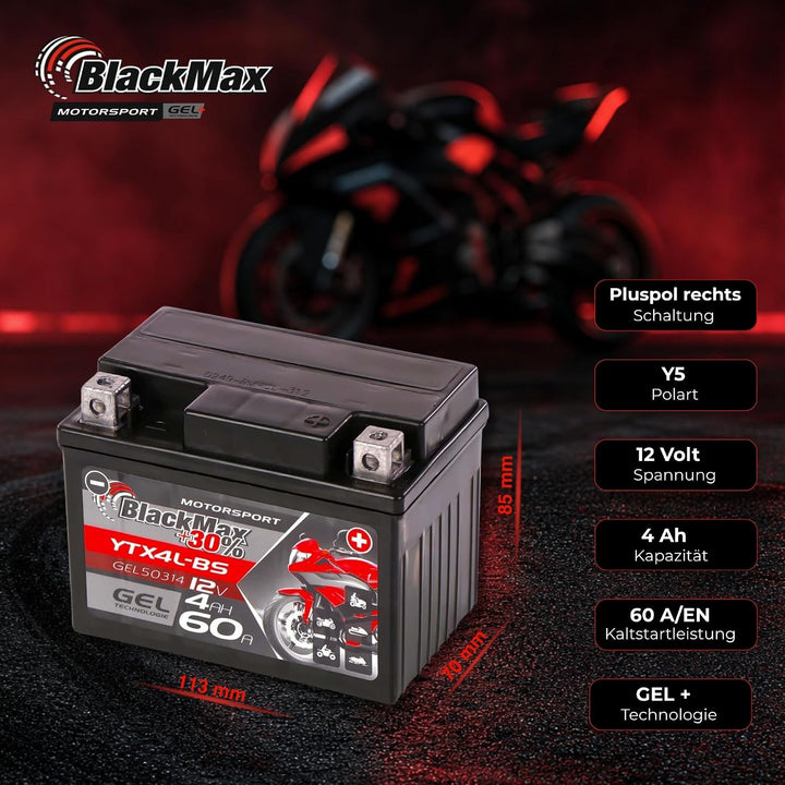 BlackMax CTX4L-BS Motorradbatterie YTX4L-BS GEL 12V 4Ah Roller Batterie 50314 4Ah - 65A, 4Ah - 65A