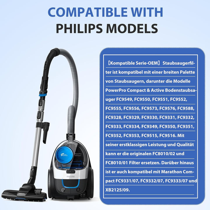 3 Stück FC8010/02 Filter für Philips PowerPro Compact 3000 Series Staubsauger FC9332/09 & FC9331/09