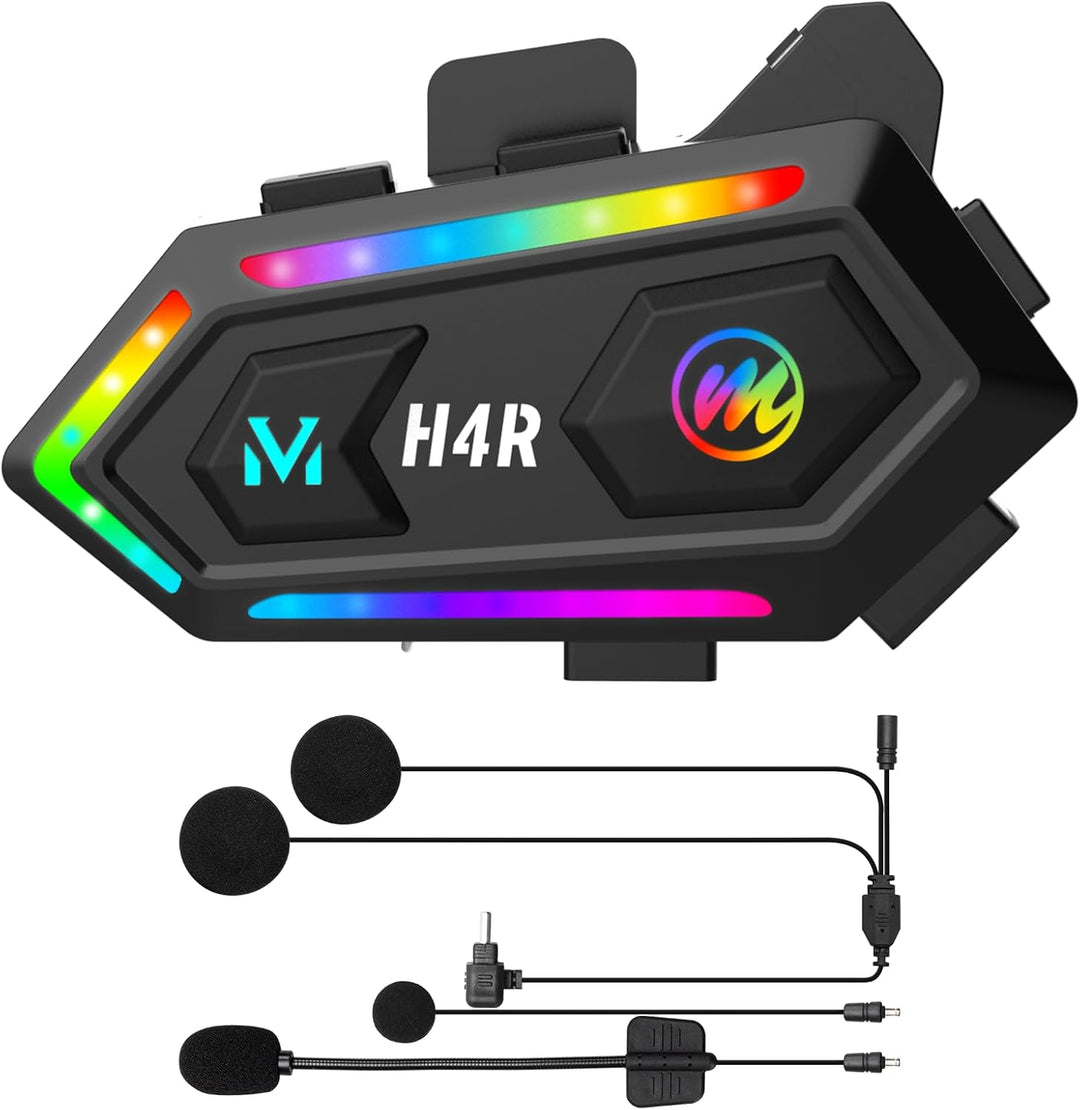 Moman Motorrad Helm Headset, H4S mit【LED Scheinwerfer & RGB】 Motorcycle Kopfhörer mit Knopf-Design A