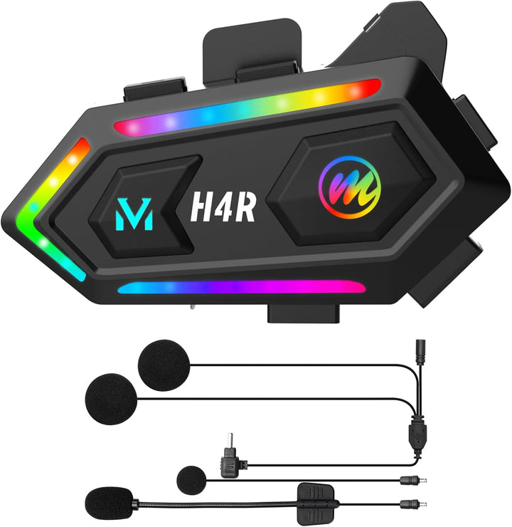 Moman Motorrad Helm Headset, H4S mit【LED Scheinwerfer & RGB】 Motorcycle Kopfhörer mit Knopf-Design A