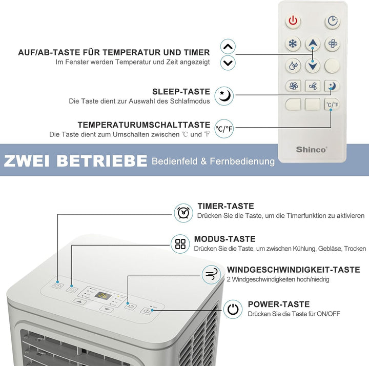Shinco Mobiles Klimagerät,9000 BTU, 2,6kW, 3-in-1 Klimaanlage, Kühlen&amp;Ventilieren&amp;Entfeuchten, Mobil