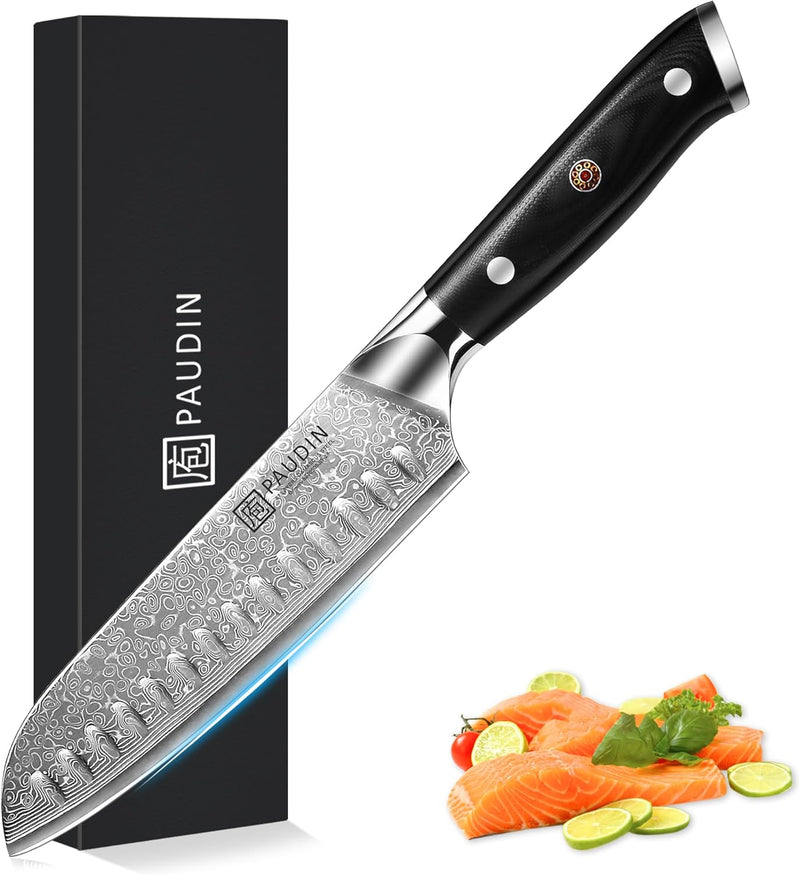 PAUDIN Santokumesser Damastmesser 17 cm, Ultra Scharfes Kochmesser aus 67 Lagen Damaststahl mit japa