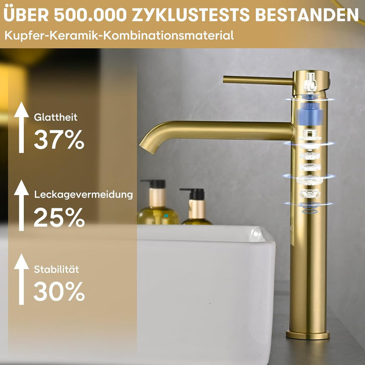 Waschtischarmatur Hoch, DETBOM Wasserhahn Bad-Mischbatterie, Keramischem Ventilkern, Armatur für Was