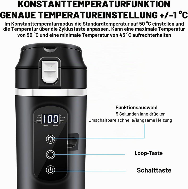 500ml Auto-Heizbecher, 12V/24V Auto Wasserkocher mit LCD-Anzeige, 45-100W Tragbare Heizung Reise Was