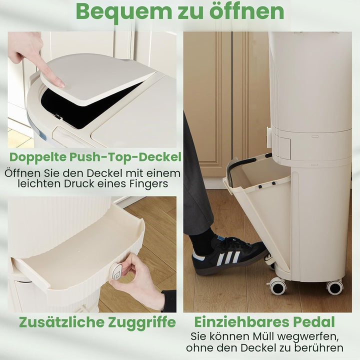 GIANTEX Mülleimer Küche 42 L, Mülltrennsystem 3 Fächer & Schublade, Abfalleimer mit Rollen, Küchenmü