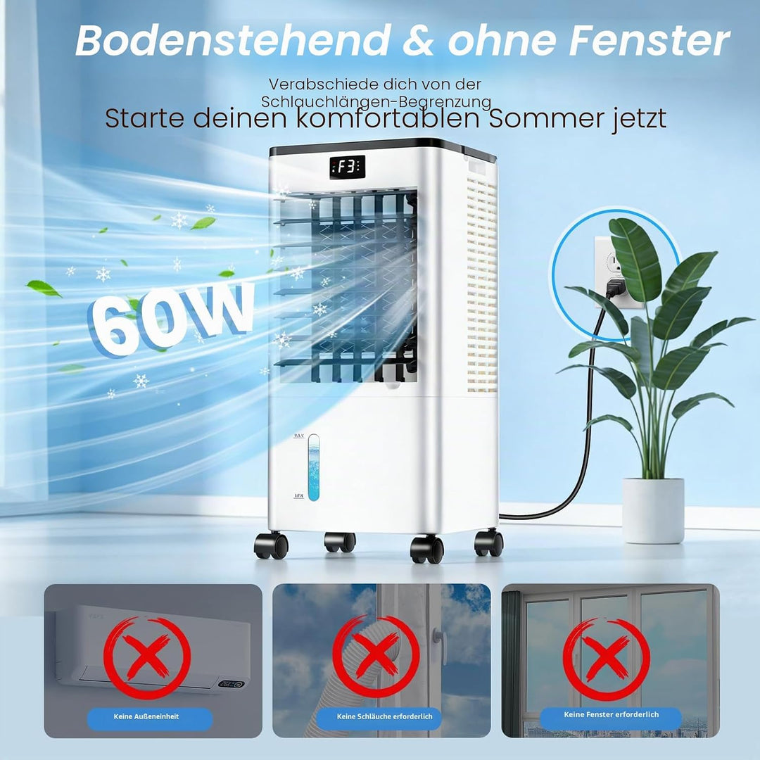 Klimaanlage Mobile, 3 in 1 Klimagerät Tragbarer Luftkühler Luftbefeuchter Verdunstungs Lüfter mit 8L