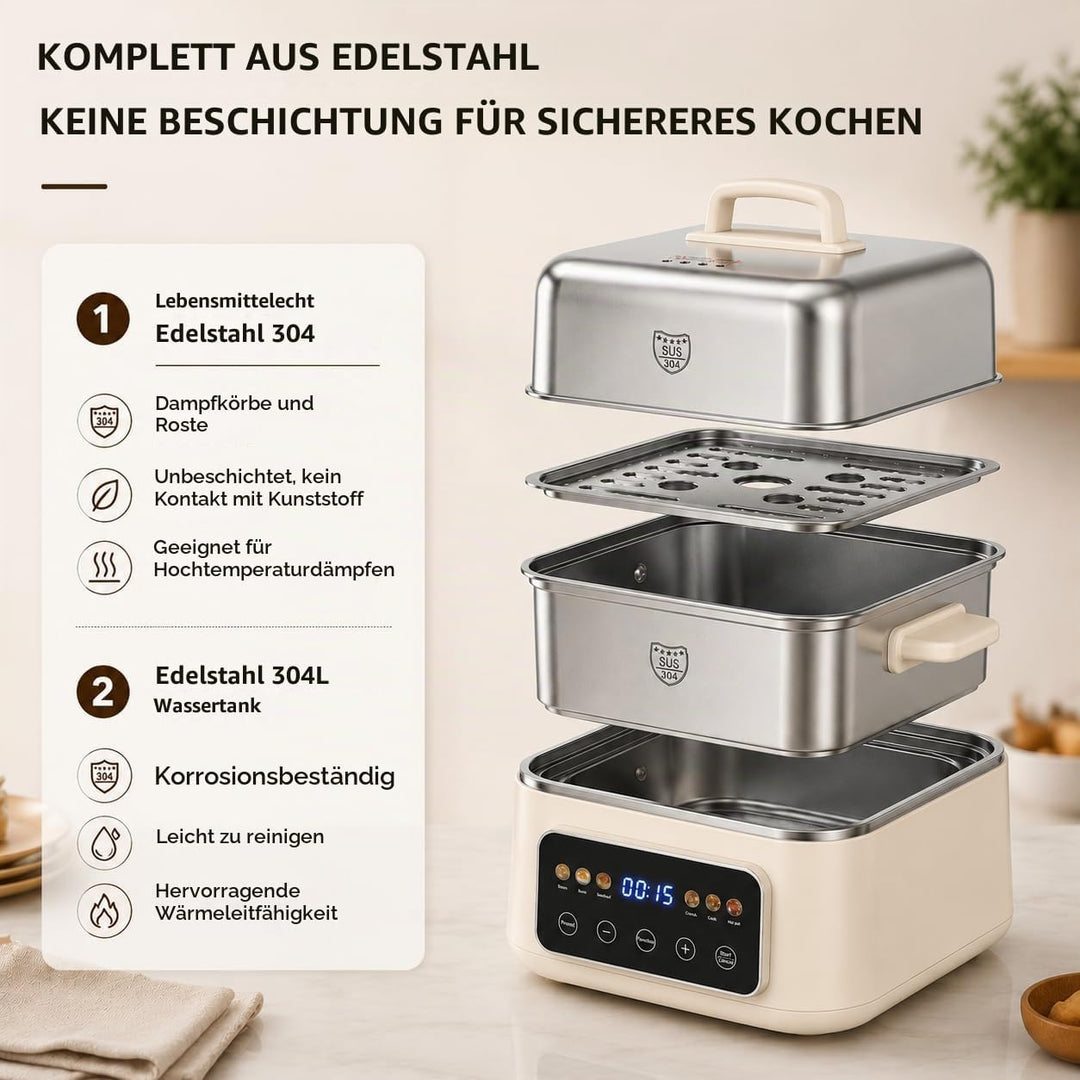Fulgutonit 304 Edelstahl Elektrischer Dampfgarer 12.5L | 2 Ebenen, 6 Smart-Programme,24h Timer, Damp