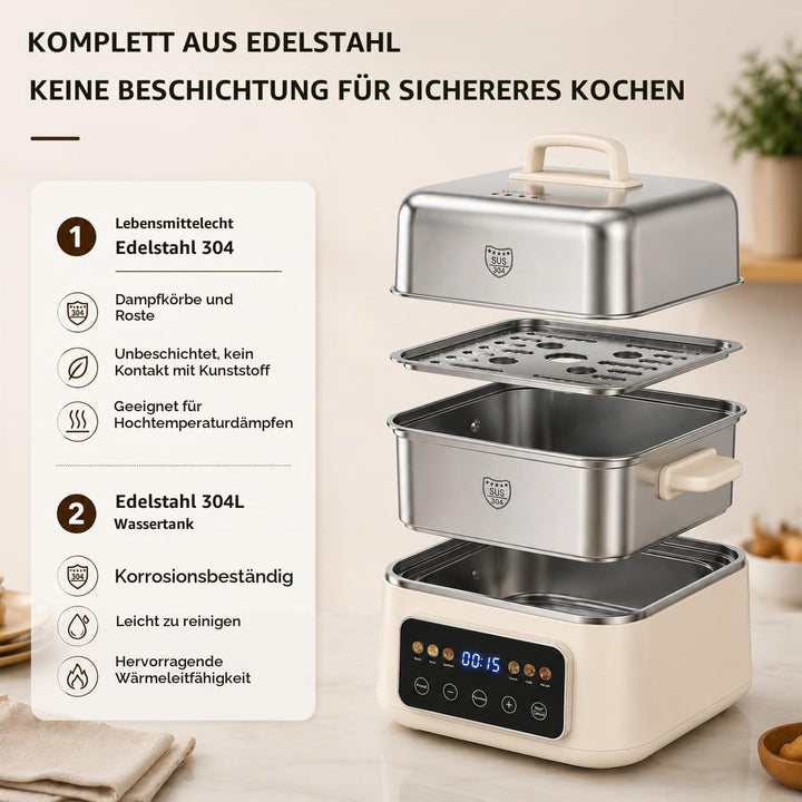Fulgutonit 304 Edelstahl Elektrischer Dampfgarer 12.5L | 2 Ebenen, 6 Smart-Programme,24h Timer, Damp