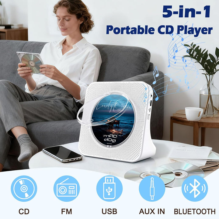 CD Player Tragbar, Bluetooth CD Player Klein Lautsprecher/USB-Lesegerät/FM Radio/Timer, LCD-Display,