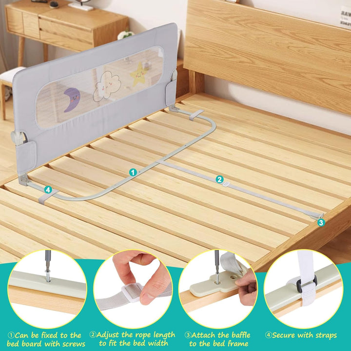 welspo Bettgitter Bettschutzgitter Bettgitter mit Kindermotiven, Rausfallschutz für Kinderbett, Grau
