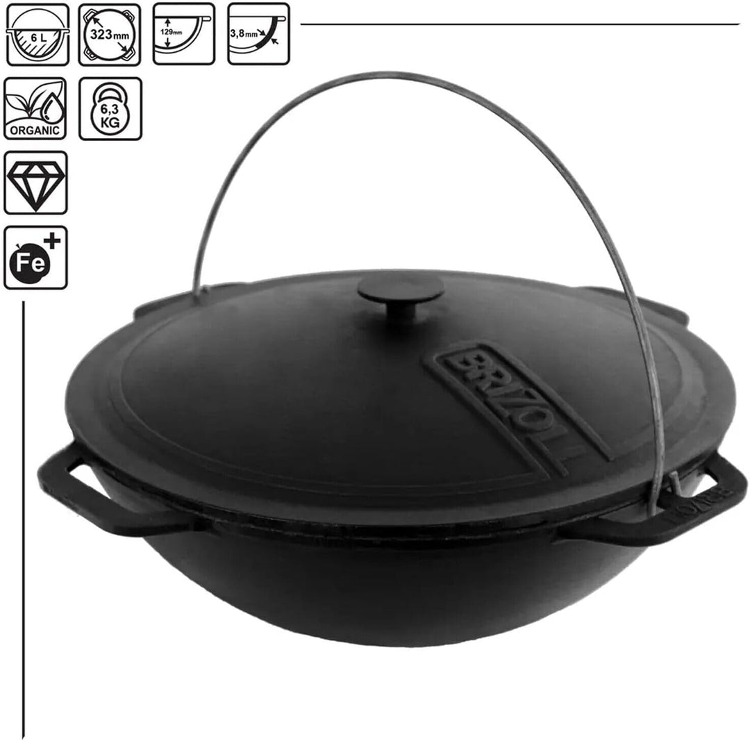 4BIG.fun Gusseisen Kazan 6 L Schwenktopf Kasan mit Deckel aus Gusseisen Wokpfanne Grill Cast Iron Ca