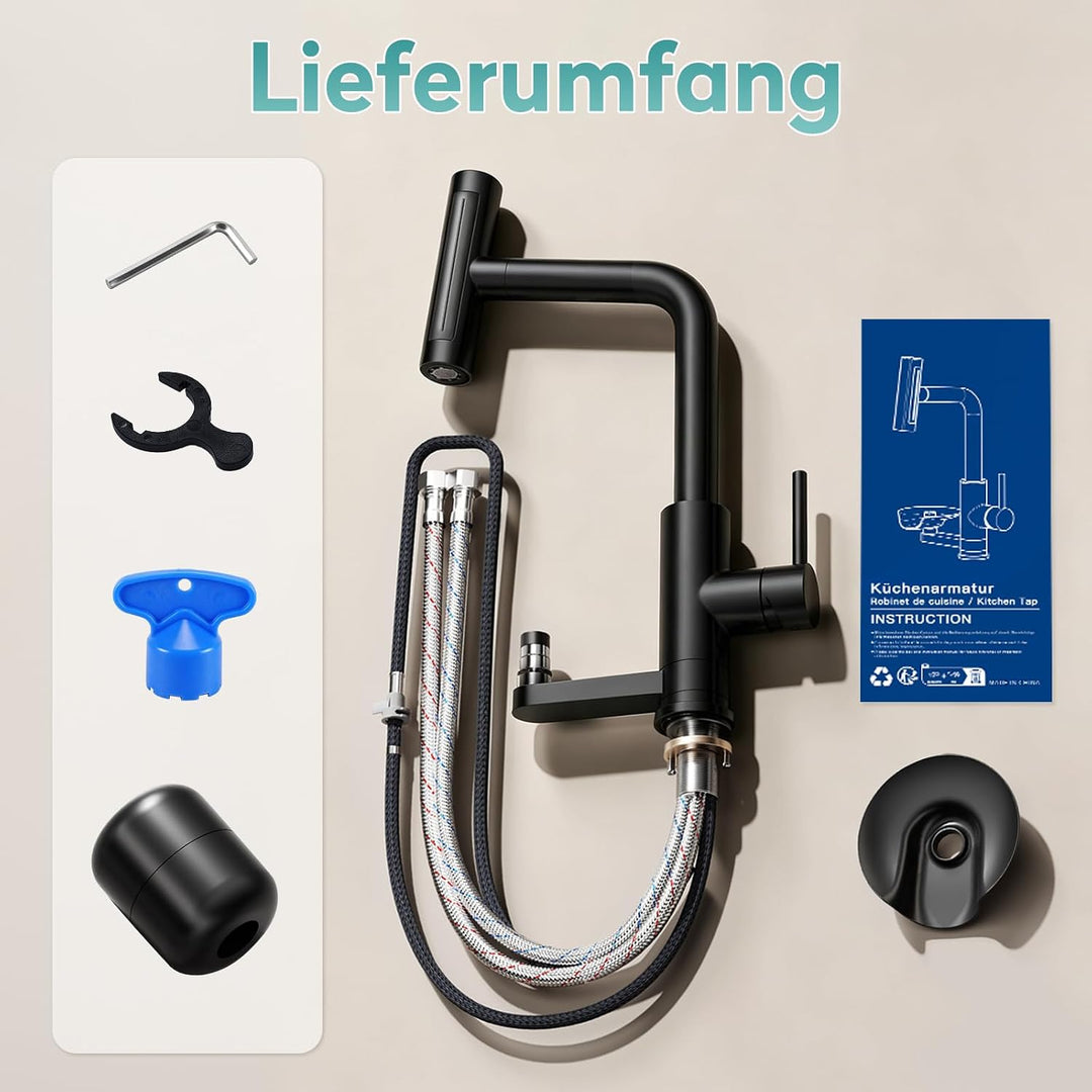 MIAOHUI Wasserhahn Küche mit Glasspüler, Schwarz | 4 Funktionen Armatur Küche Ausziehbar, Einhebel k