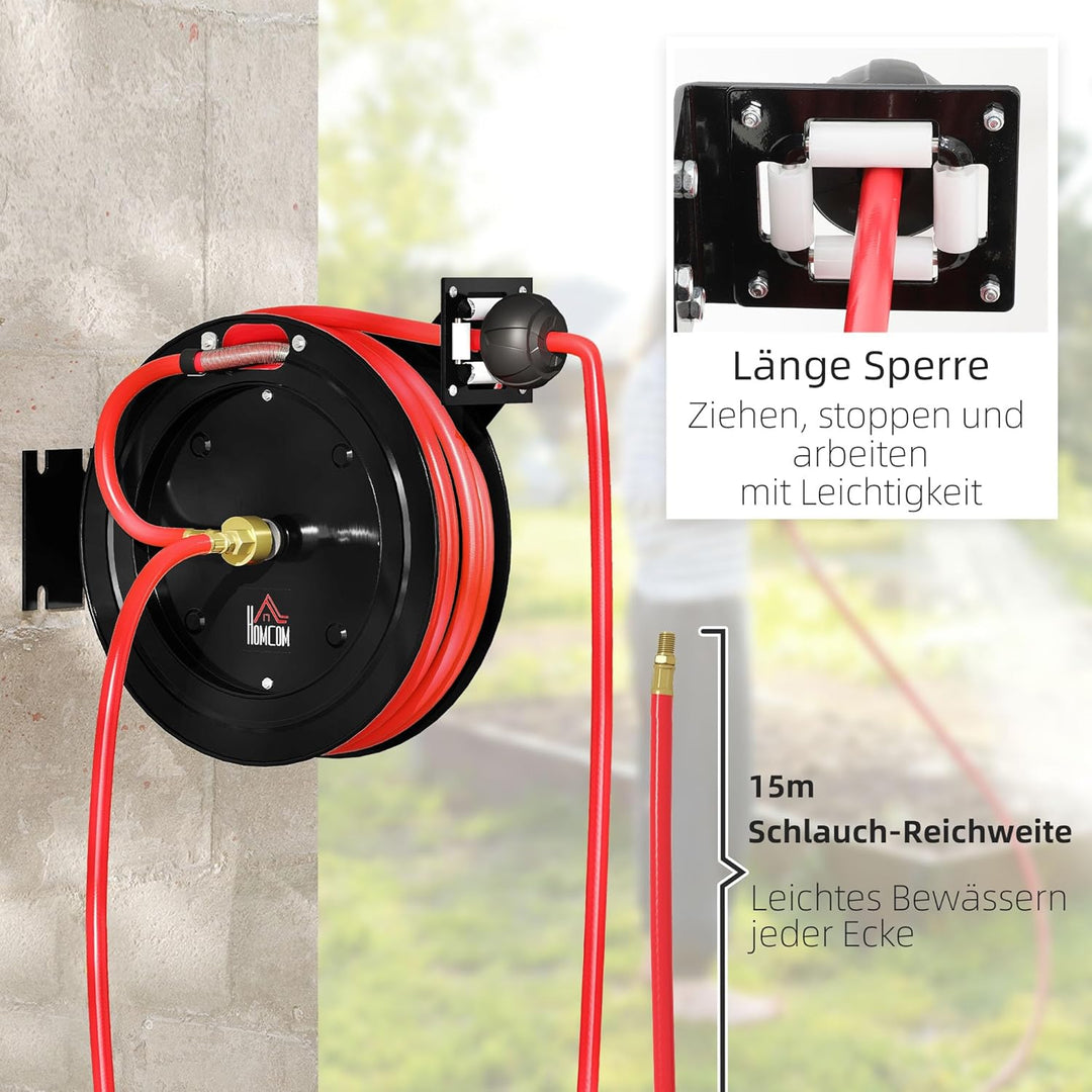 HOMCOM Automatik Druckluftschlauchtrommel 15m+1m Druckluftschlauch mit 1/4' Anschluss, 9,5 x 15,8 mm