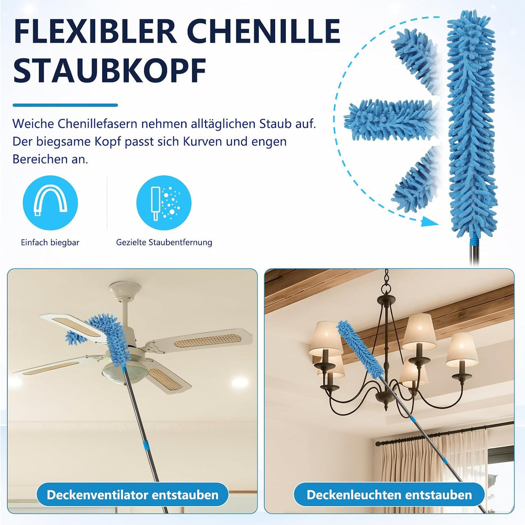 scicent Staubwedel Lang Ausziehbar 3,1 m, Teleskop Staubwedel mit 3 Reinigungsaufsätzen, Faser Staub