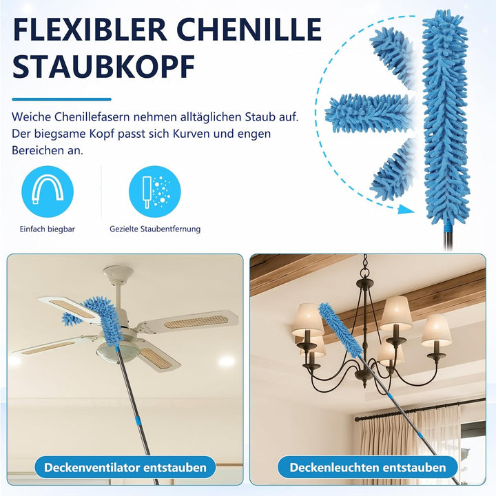 scicent Staubwedel Lang Ausziehbar 3,1 m, Teleskop Staubwedel mit 3 Reinigungsaufsätzen, Faser Staub
