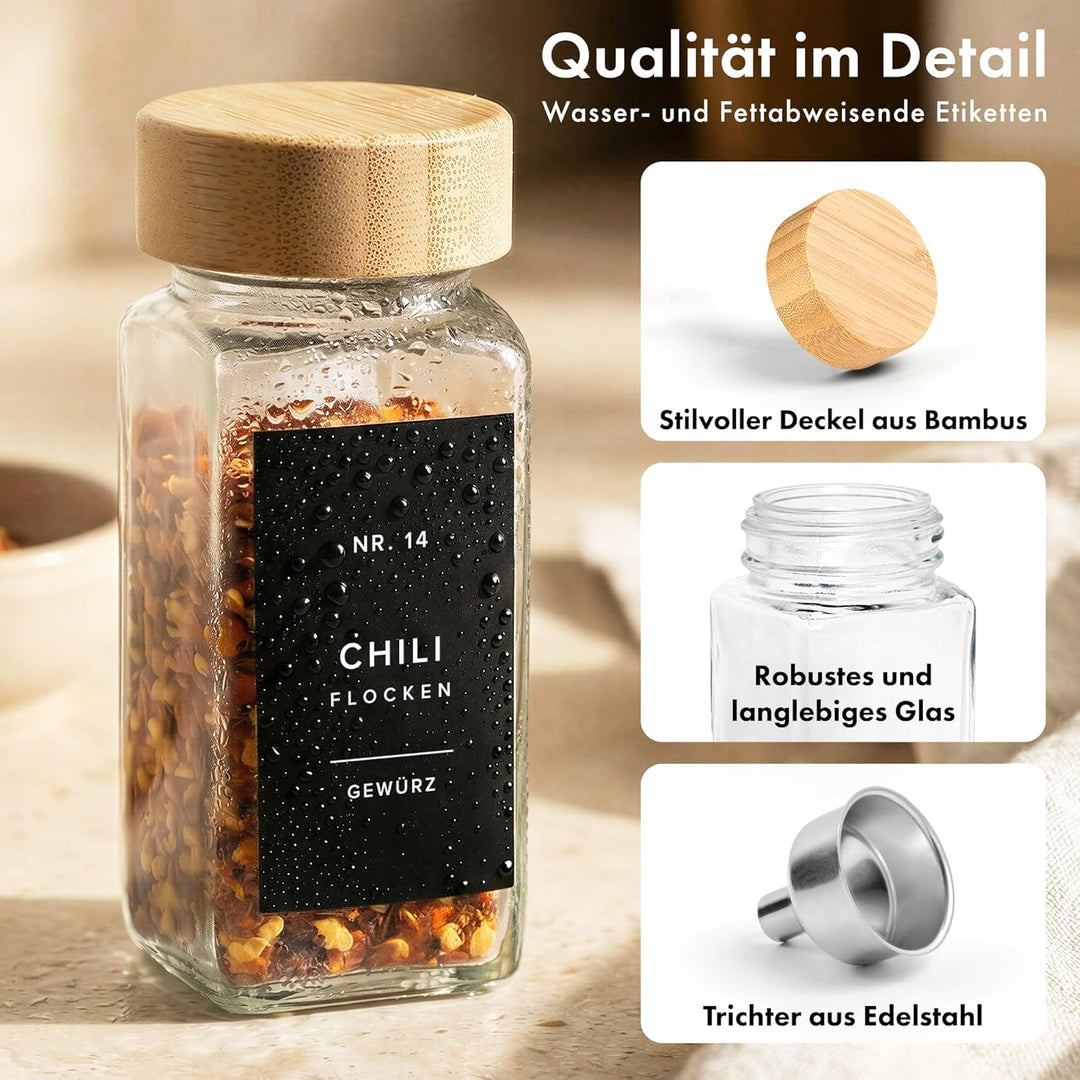 EDELHAUS® Gewürzgläser Eckig mit Bambus Holzdeckel (24 Stück) Gewürzdosen mit Streueinsatz und 240 E