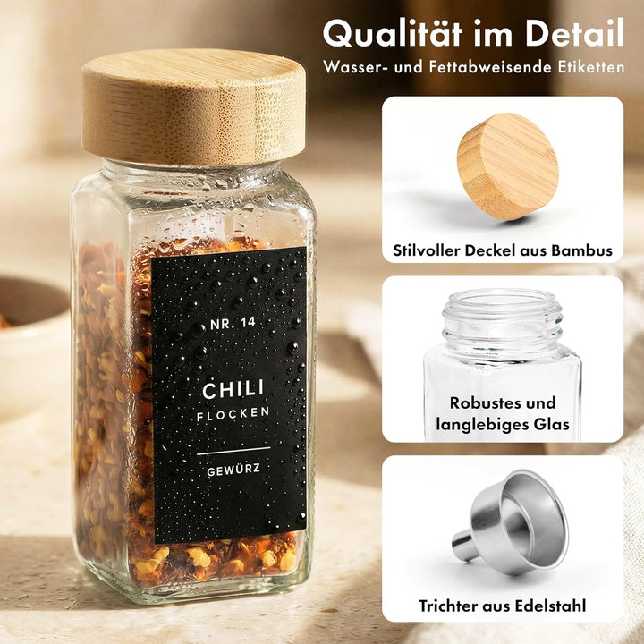 EDELHAUS® Gewürzgläser Eckig mit Bambus Holzdeckel (24 Stück) Gewürzdosen mit Streueinsatz und 240 E