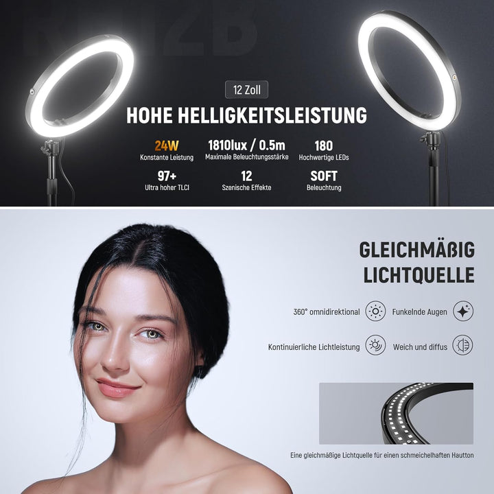 NEEWER 12" 24W Hochleistungs Desktop Ringlicht mit Stativ/Handyhalterung, LED Konferenz Selfie Licht