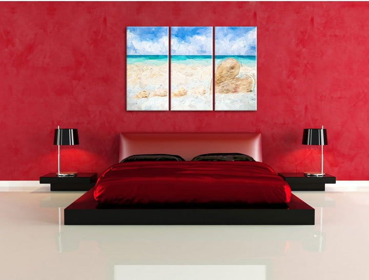 Pixxprint Sandstrand mit Muscheln als Leinwandbild/Grösse: 3 Teilig (120x80) cm/Wandbild/Kunstdruck/