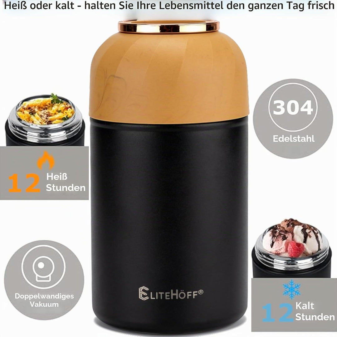 EliteHoff Thermobehälter für Essen, 1 L, Wärmebehälter für Speisen aus Edelstahl mit Löffel, Auslauf