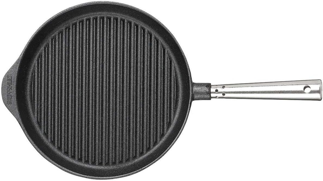 Grillpfanne 28 cm. Edelstahlgriff. Auf allen Herdarten, Ofen, Grill & offenem Feuer einsetzbar