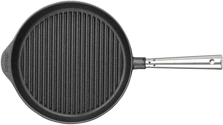 Grillpfanne 28 cm. Edelstahlgriff. Auf allen Herdarten, Ofen, Grill & offenem Feuer einsetzbar