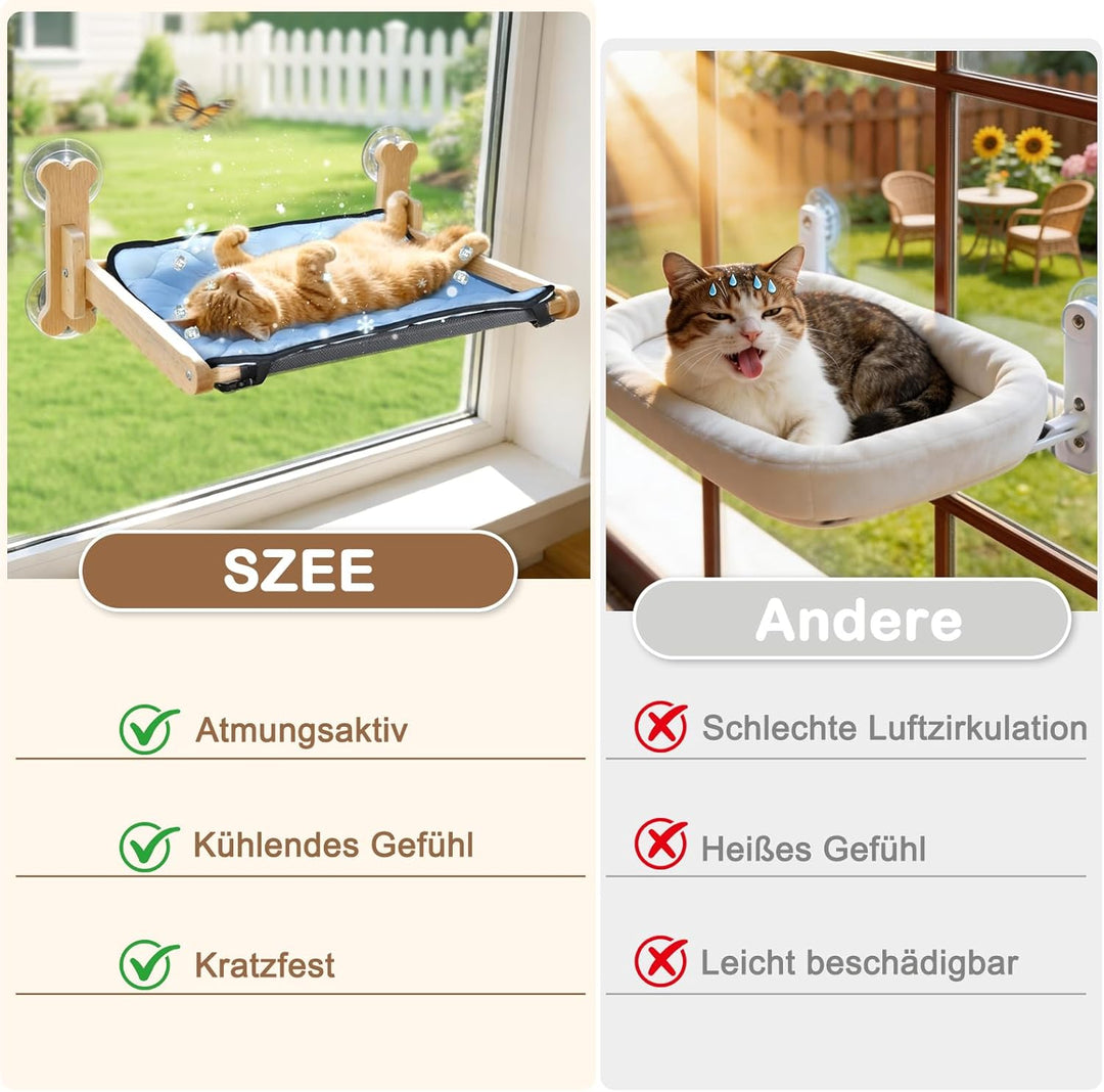 SZEE Katzen Fensterliege Massivholz mit Doppelseiten-Kissen (Ice Silk + Flanell), Katzen Hängematte
