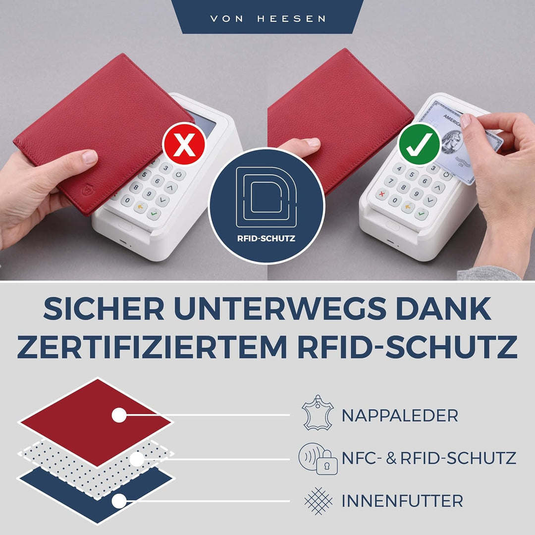 VON HEESEN® Reisepasshülle Leder Etui mit RFID-Schutz - Passhülle Passport Reisepass Mappe Hülle Org