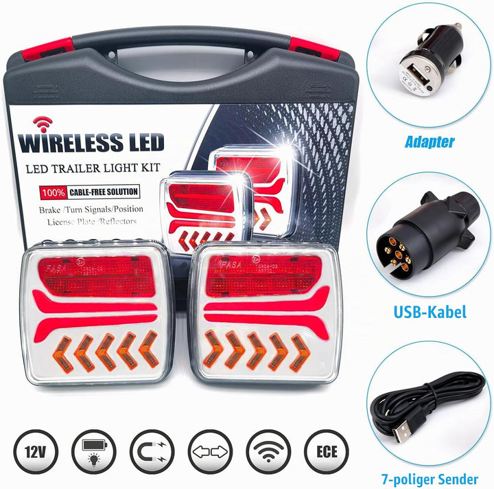 Kabelloss Rückleuchten LED Anhänger mit Magnet, 12V Funk Rücklicht Satz - Wasserdicht, Wiederaufladb