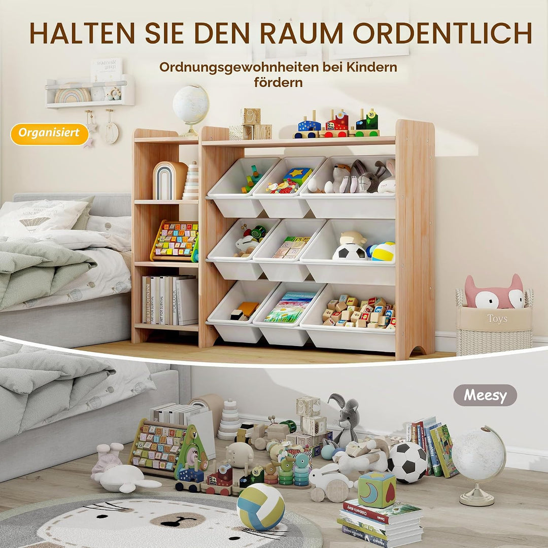 MALLBEST Bücherregal Kinder aus Massivholz – Kinderregal mit 4 Ebenen, 9 Aufbewahrungsboxen und 3 Fä
