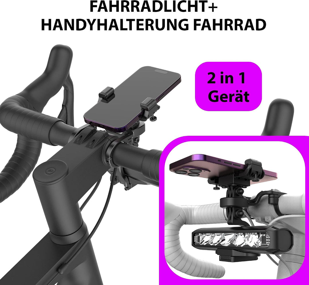 Fahrradlicht Vorne + Handyhalterung Fahrrad 2 in 1 5 LEDs 4-Lichtmodi 8000mah 2600 Lumens USB C Lade