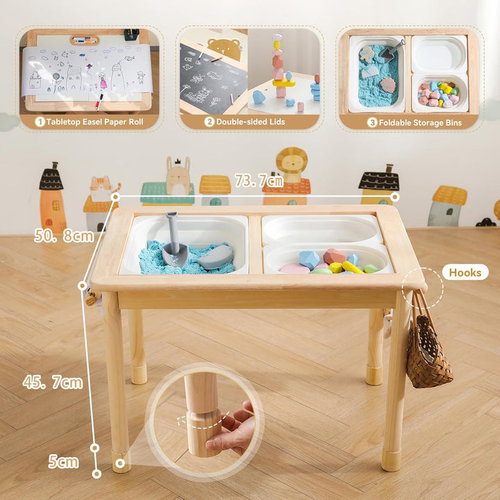 let's make Spieltisch Kinder mit Zeichenpapier, Holz Kindertisch mit Stauraum Höhenverstellbar 3 Fal