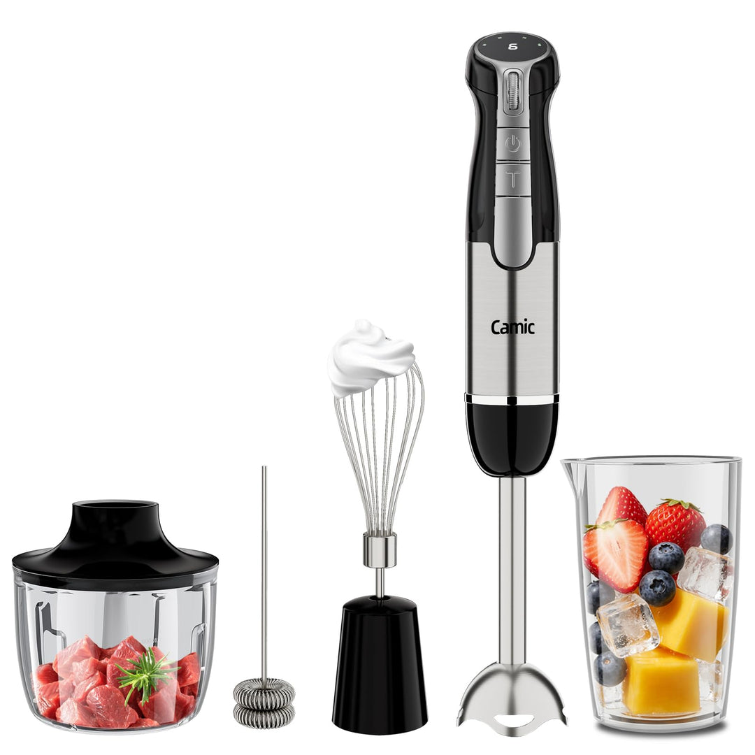 Camic Stabmixer, Kabelloser Elektrische Handmixer mit 6-Stufiger + Turbo, LED-Anzeige, 4-in-1 Tragba