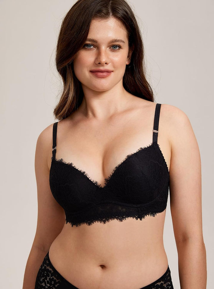 DOBREVA Damen Push Up BH ohne Bügel Soft Spitze Bügelloser BHS Sexy Bequem Gepolstert 70D Schwarz, 7