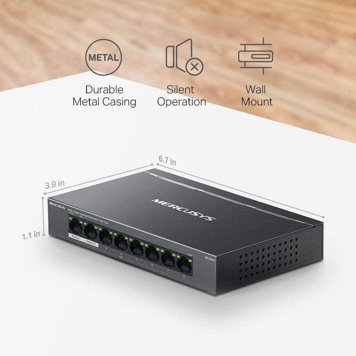 MERCUSYS MS108GP Gigabit RJ45 Switch, 8 Ports, 7 PoE+ Ports, PoE-Übertragung bis zu 250 Meter, Ether