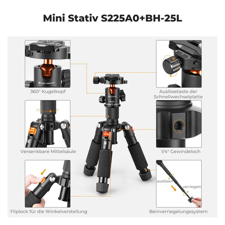 K&F Concept Mini Stativ,kompaktes Kamera Stativ mit 360° Kugelkopf,52 cm Desktop Stativ,Tischstativ