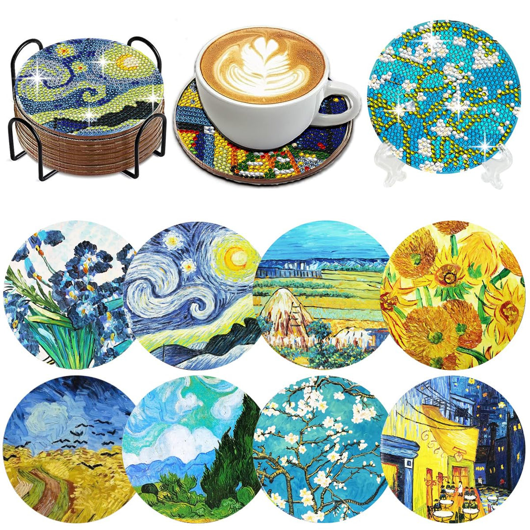 Muzagroo Art Van Gogh Diamond Painting Coasters Kits with Holder Coaster Art Kits for Beginners Diam