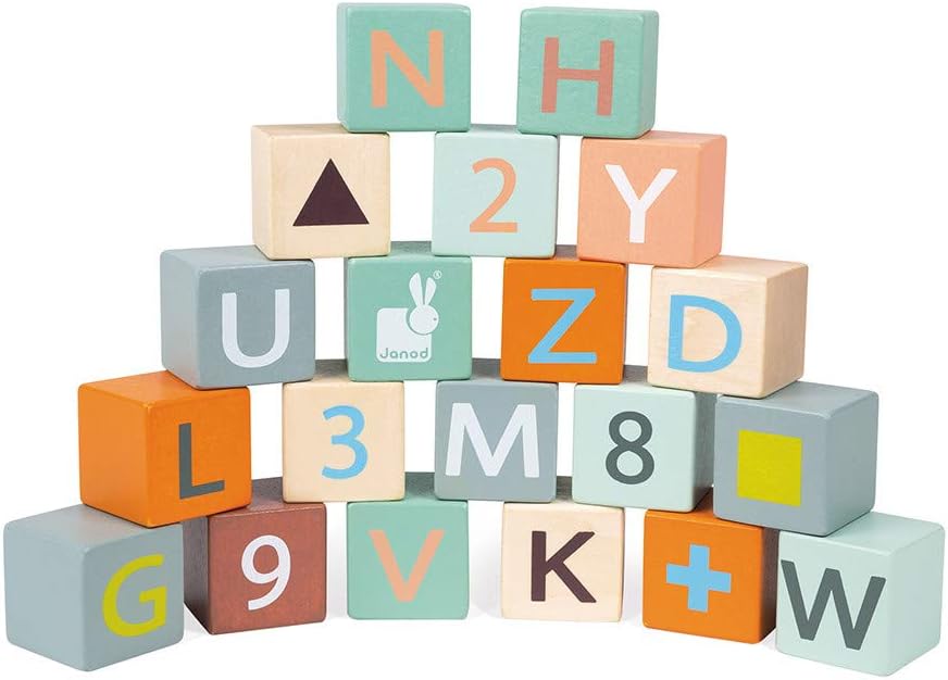 Janod - Sweet Cocoon ABC Buggy - Baby Lauflernwagen aus Holz mit 20 Alphabet Bausteinen mit Zahlen +