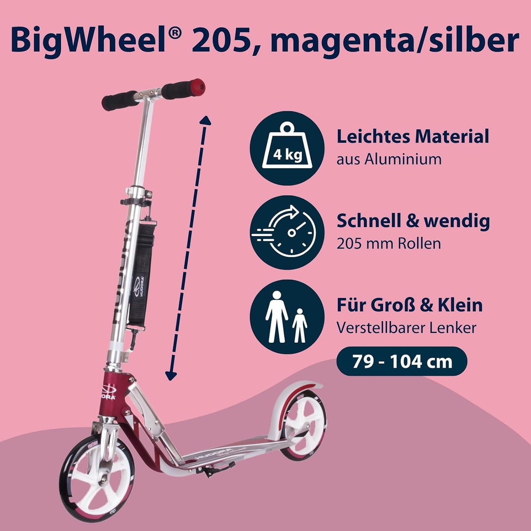 HUDORA BigWheel 205 Scooter - Stabiler Aluminium-Roller - Höhenjustierbarer &amp; zusammenklappbarer Cit