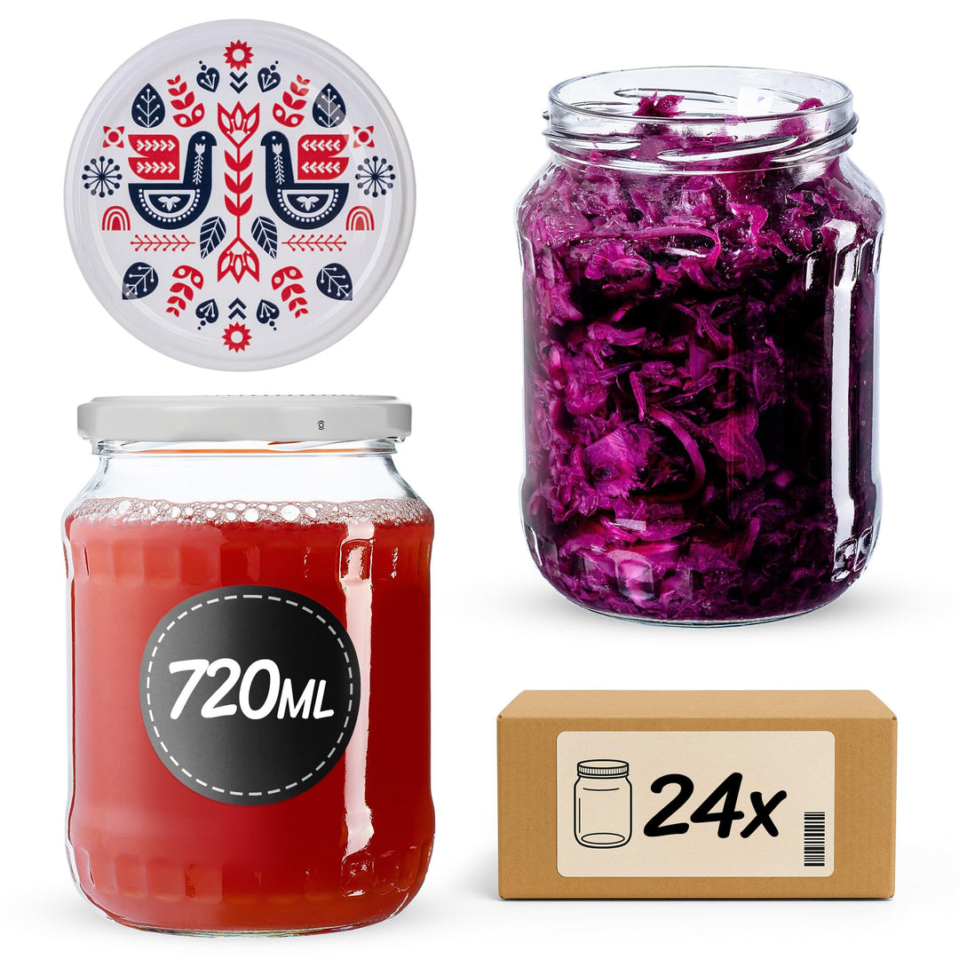 KADAX 24er Set Einmachgläser 720ml TO82 Folklore I, Grosse Sturzgläser mit Schraubdeckel, Einkochglä
