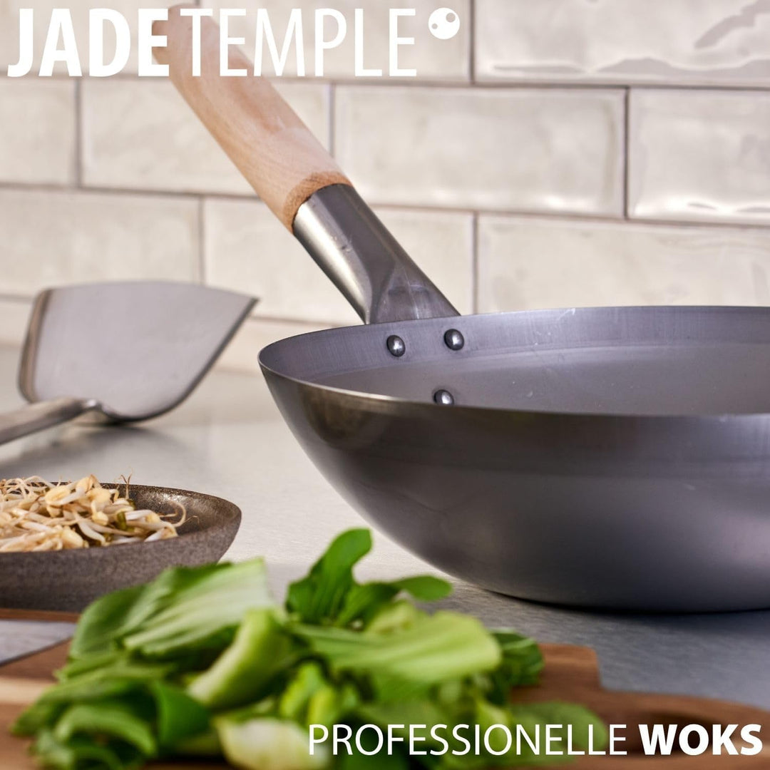 JADE TEMPLE Wok aus Carbonstahl, mit flachem Boden und 30 cm Durchmesser, mit rundem Holzgriff Durch
