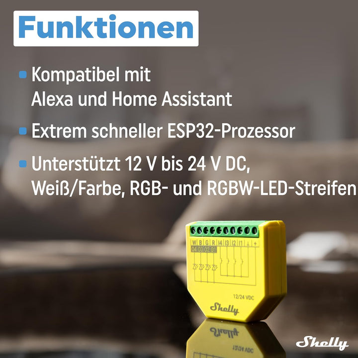 Shelly Plus RGBW PM - WLAN Controller für LED-Streifen, 12-24 VDC, 3 Beleuchtungsprofile, Leistungsm