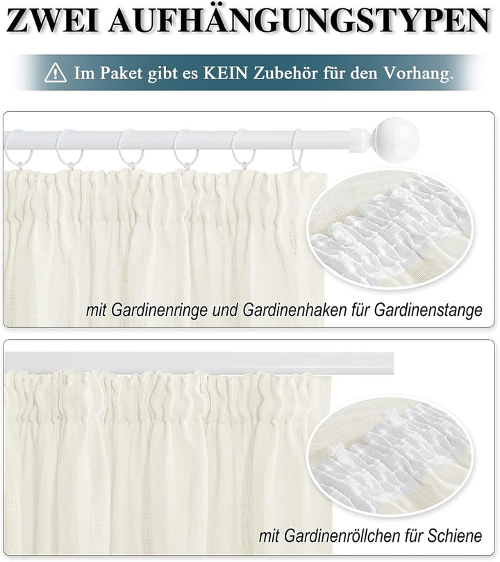 PONY DANCE Leinenoptik Gardinen mit Kräuselband - Wohnzimmer Vorhang Boho Halbtransparente Gardinen