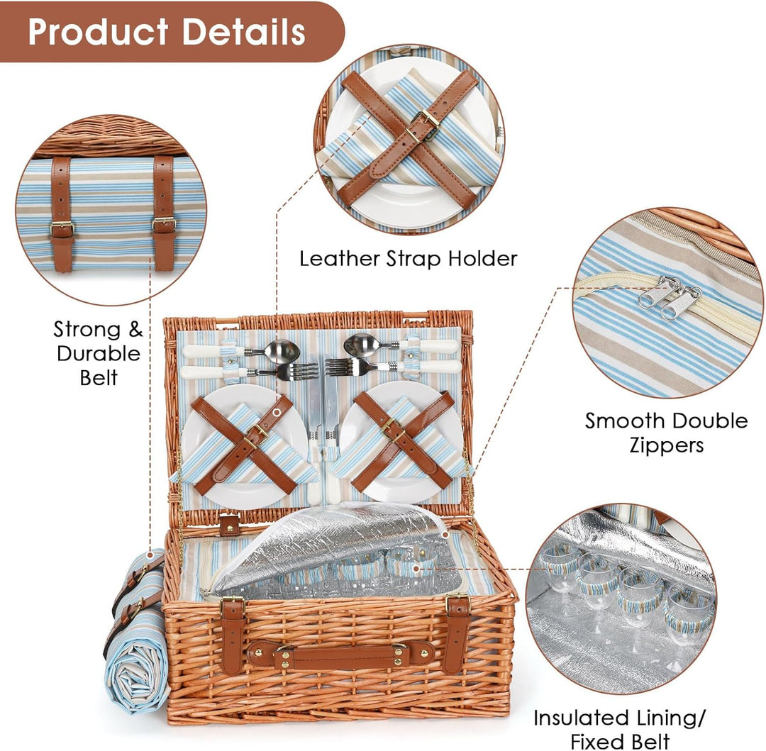 HappyPicnic Wicker Picknickkorb für 4 Personen, Willow Storage Hamper Service Geschenkset für Campin