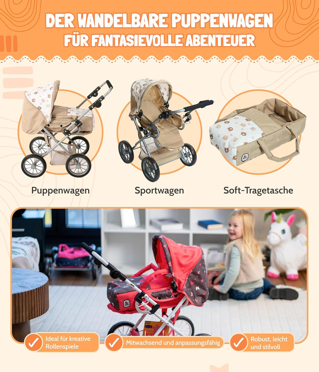 Bayer Chic 2000 - Puppenwagen Leni, 2in1 Kombipuppenwagen mit herausnehmbarer Tragetasche, Kinderwag
