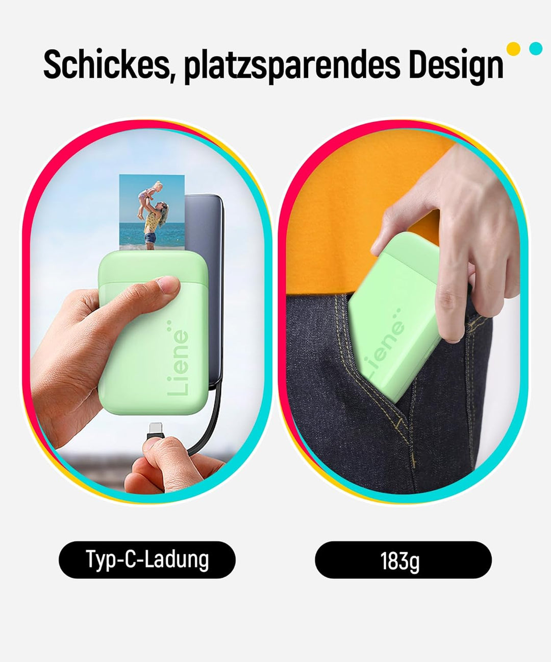 Liene Pearl K100 Fotodrucker Smartphone, Tragbarer Sofortbilddrucker mit 50 Zink-Klebepapier, Blueto