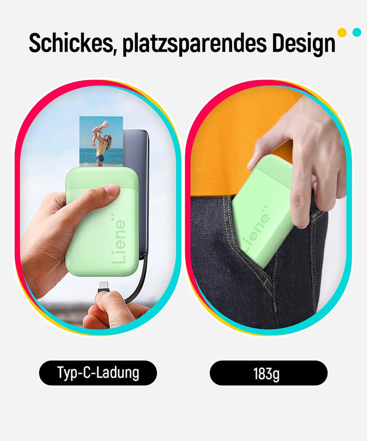 Liene Pearl K100 Fotodrucker Smartphone, Tragbarer Sofortbilddrucker mit 50 Zink-Klebepapier, Blueto