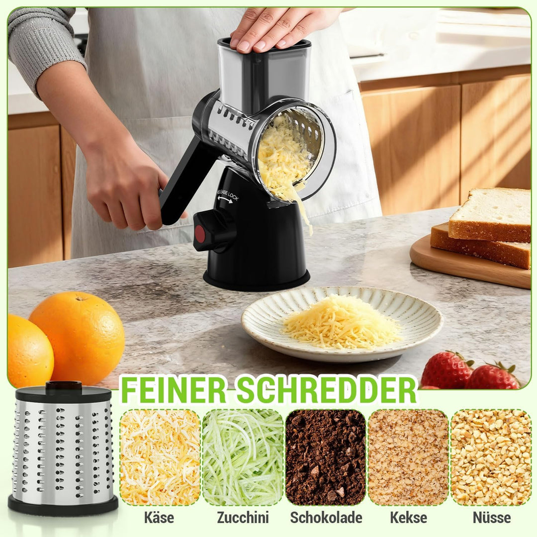 Käsereibe mit Kurbel, Mandoline Gemüsehobel mit 3 Edelstahl Austauschbaren Trommelblättern, Gemüsere